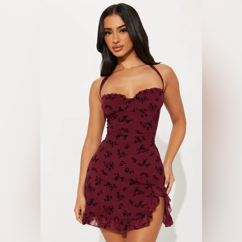 Fashion Nova Flocked Mini Dress - WINE